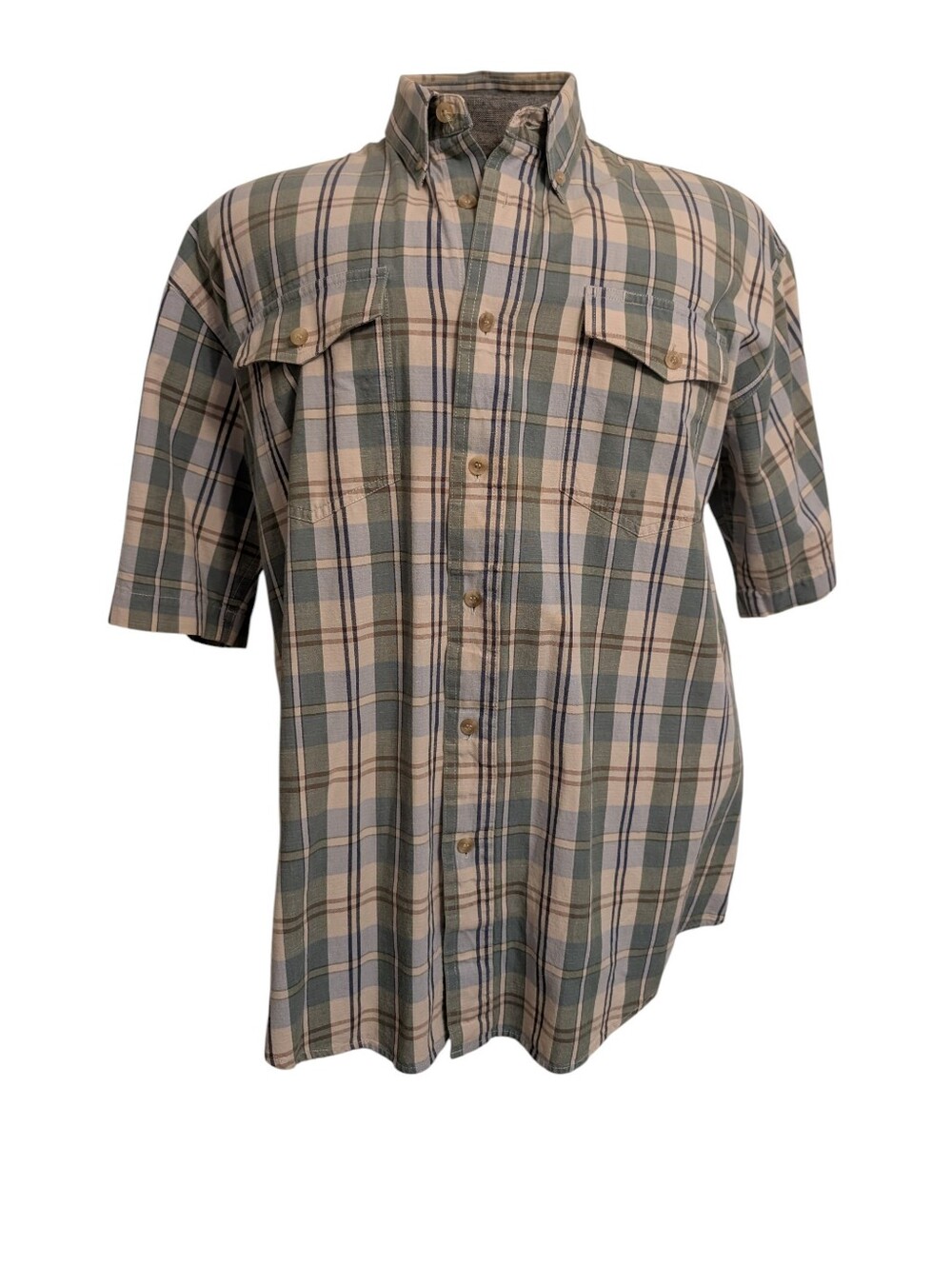 Men's Short Sleeve Western Roper Plaid Button-Up Shirt - Green & Cream